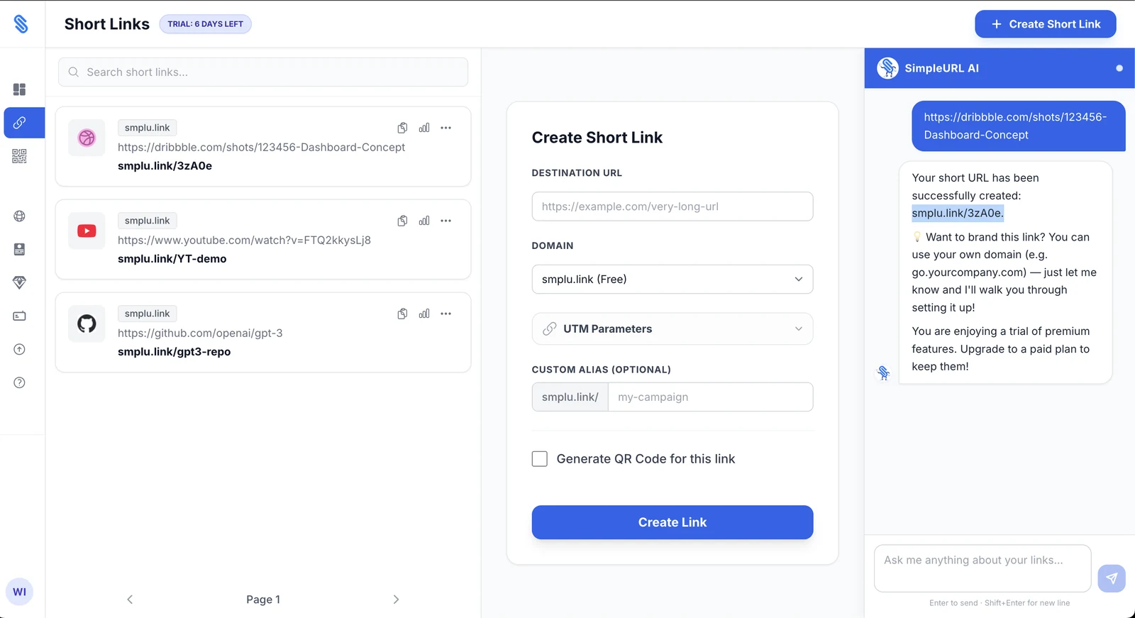 SimpleURL Built-In AI Assistant Creating Short Links and Guiding Custom Domain Setup