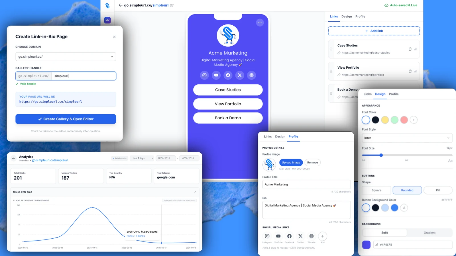 SimpleURL Link-in-Bio Custom Domain Builder, Theme Designer, and Page Analytics