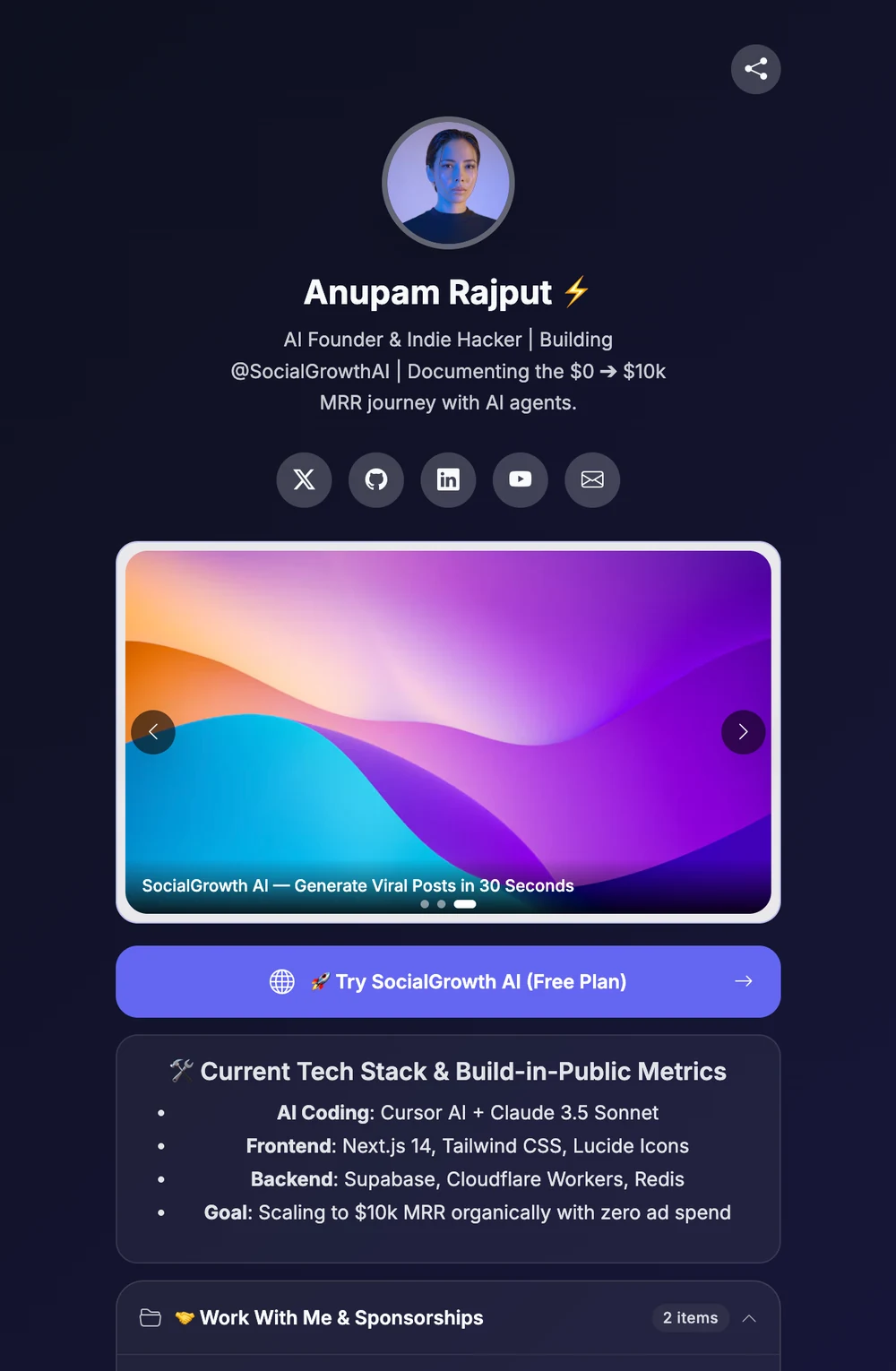 SimpleURL Link-in-Bio v2 with Media Carousel and Interactive Sections