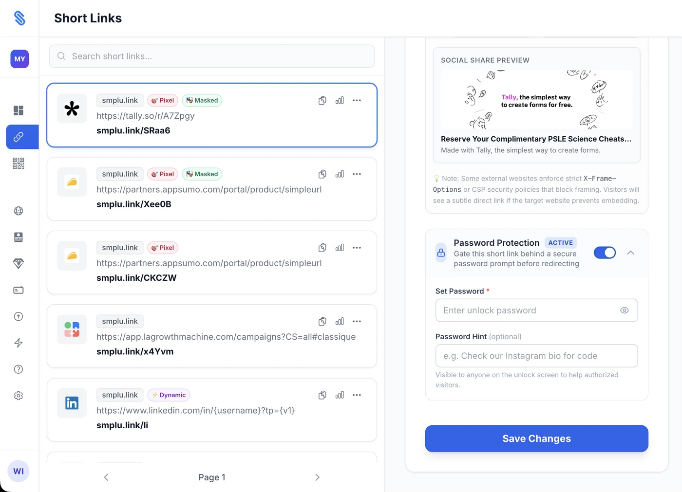 SimpleURL Browser Link Masking, Social Share Preview, and Password Protection UI