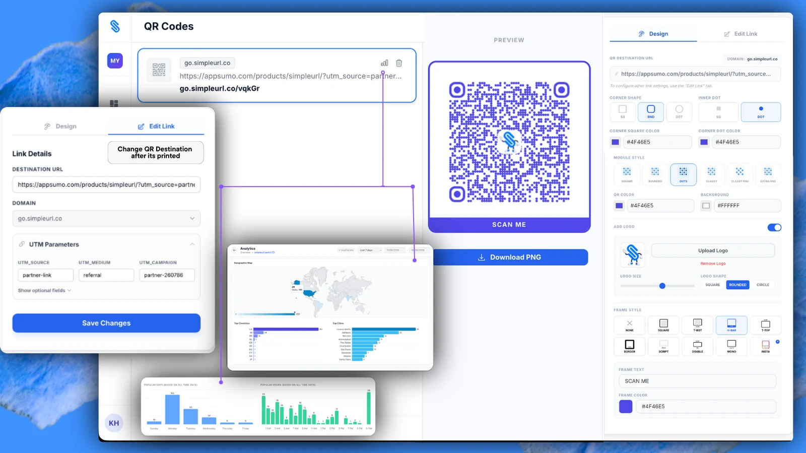 SimpleURL Dynamic QR Code Builder with Custom Logo, Colors, and Destination Editing